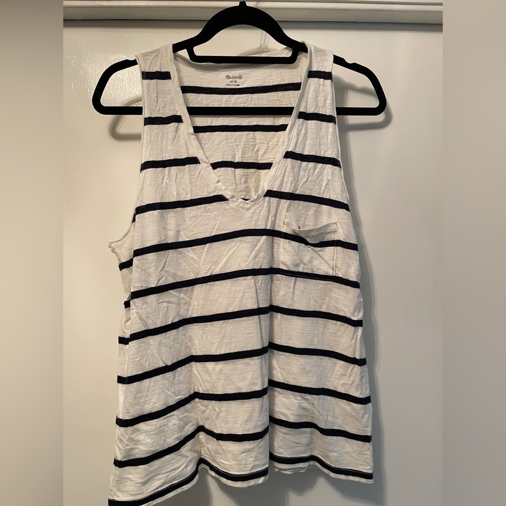 Madewell slub style v-neck tank, navy and white stripe